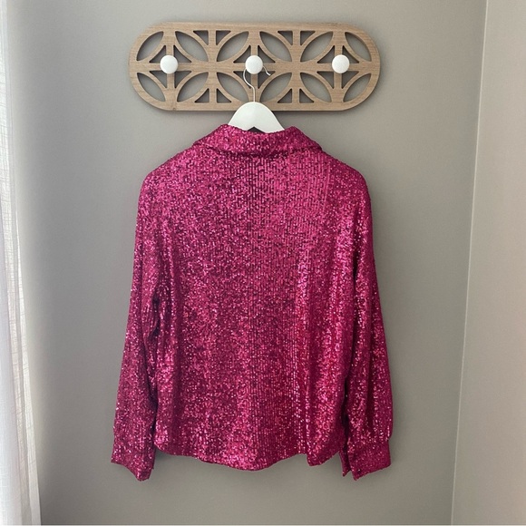 Rachel Zoe Sequin Button Up Top Pink Sz Small - Picture 6 of 8